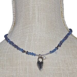 Beaded Necklace Heart Pearl Pendant‎ Blue Stone Chip Boho Jewelry